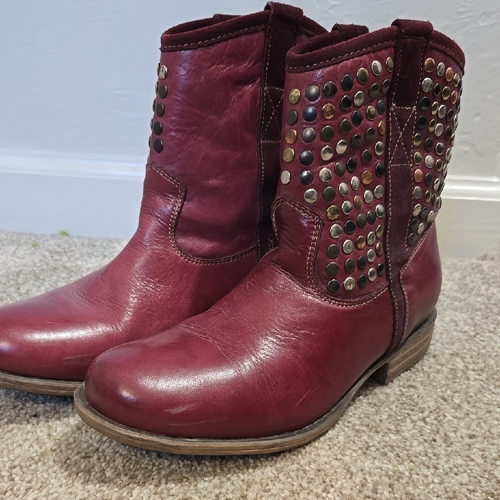 Studded Burgundy Leather Ankle Boots